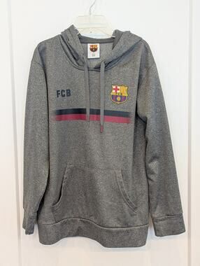 FC Barcelona Soccer Hoodie Mens M Gray Fleece Pullover FCB Sweatshirt